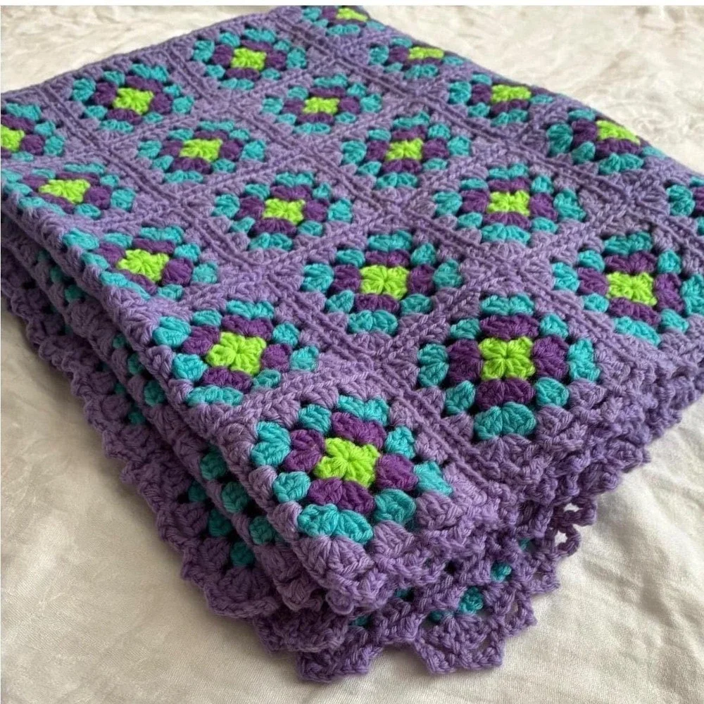 Hand Crocheted Granny Square Afghan 40x64 Purple Teal Green Vtg Blanket Retro